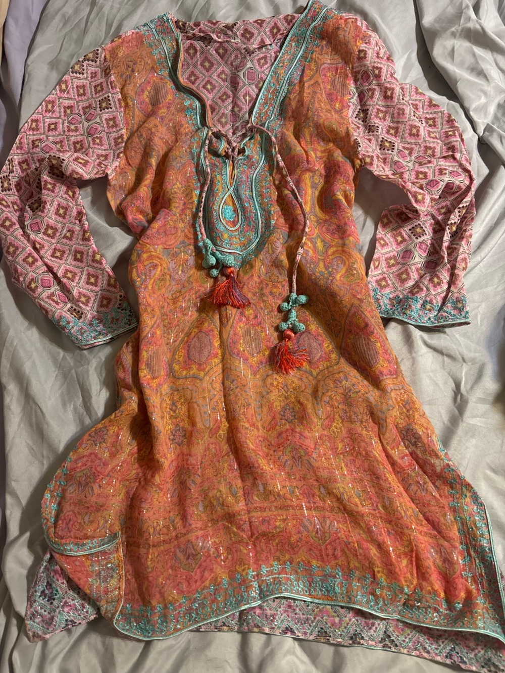 Women's Orange Paisley Tassel Scarf with Turquoise Accents